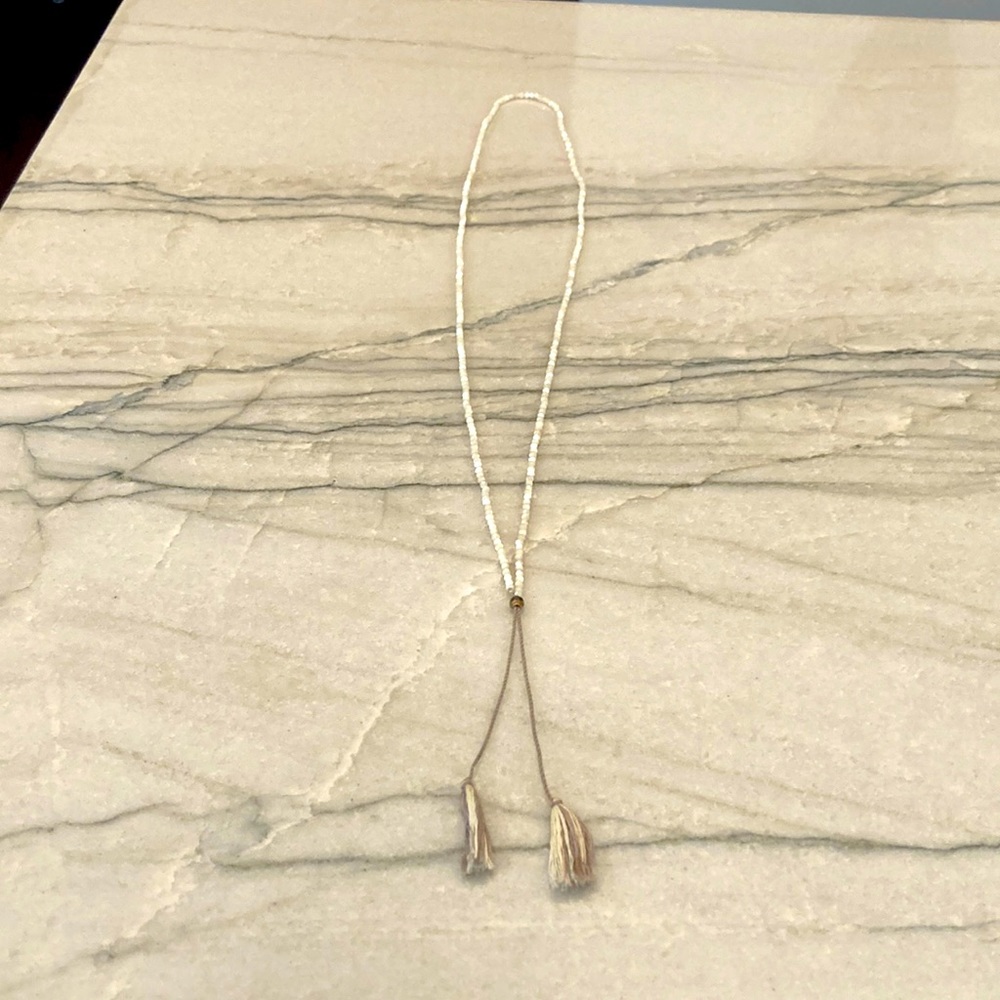 Chan Luu white beaded necklace with gray fringe drop